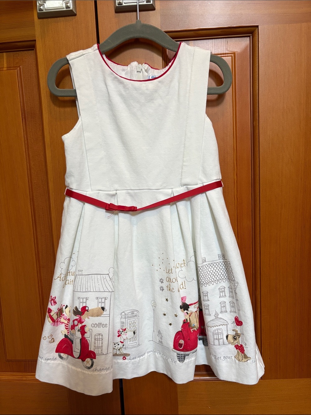 Mayoral White Dress with Red Trim and Scooter Print Size 5